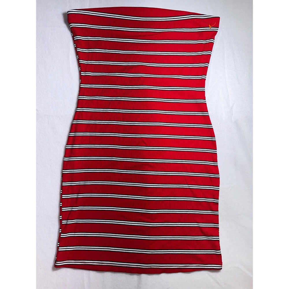 Red White Black Vertical Striped Ribbed Knit Strapless Bodycon Tube Dress